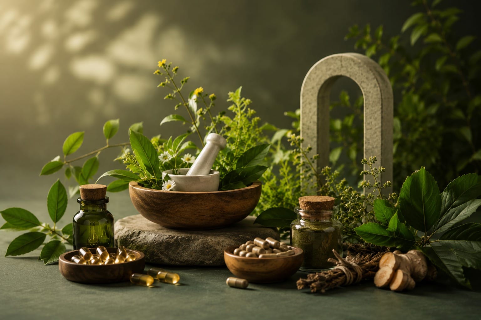 Natural Ayurvedic wellness arrangement featuring herbal capsules, fresh green leaves, glass bottles, roots, and a mortar and pestle in a calming botanical setting.